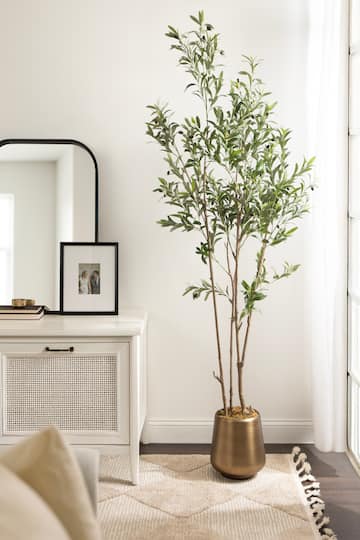 Kate and Laurel 7ft. Green Oliveira Faux Olive Tree in Gold Planter
